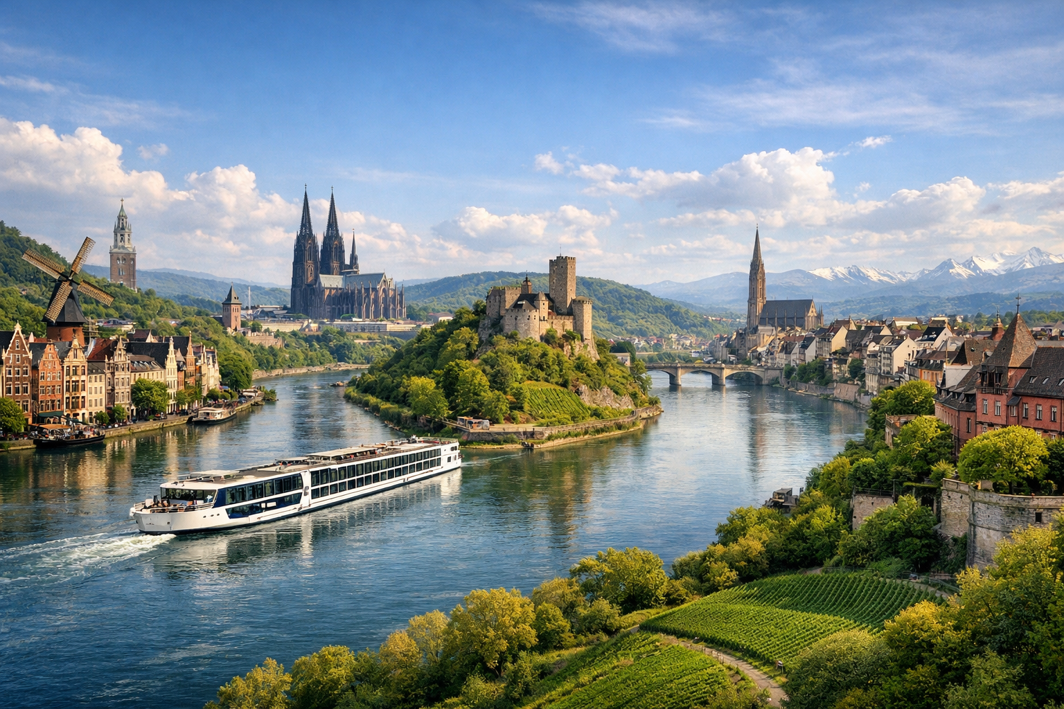 Niederlande, Deutschland und die Schweiz. Flusskreuzfahrt auf dem Rhein ab Amsterdam über Köln, Koblenz, das Tal der Rheinschlösser und Straßburg nach Basel.