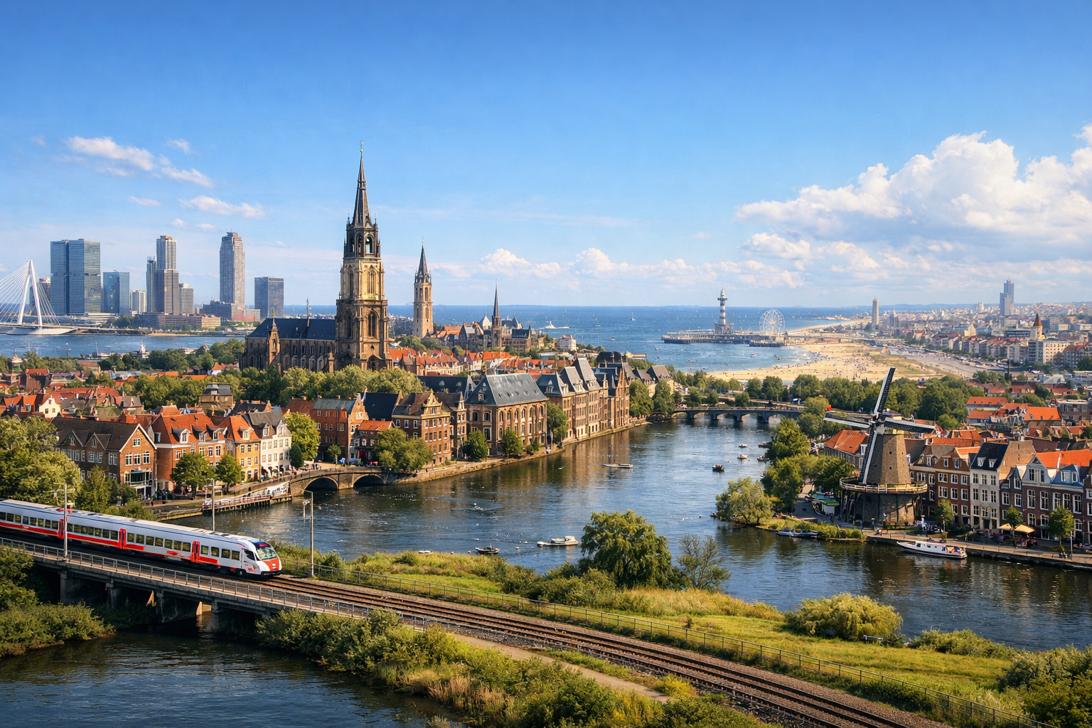 Netherlands, South Holland. Travel between Rotterdam, Delft, The Hague, Scheveningen, and Leiden with convenient train transfers