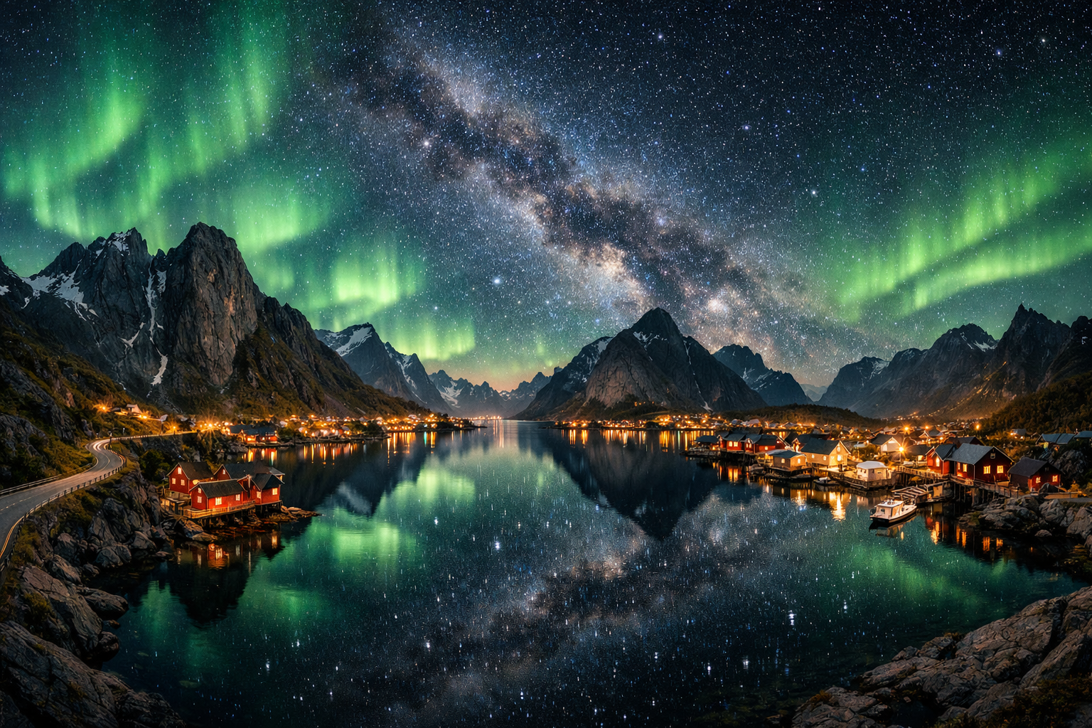 Norwegen, die Lofoten. Eine Route durch Berge, Fischerdörfer und Meeresstrände zur Beobachtung von Nordlichtern, der Milchstraße und den Spiegelungen der Sterne in Meeresbuchten.