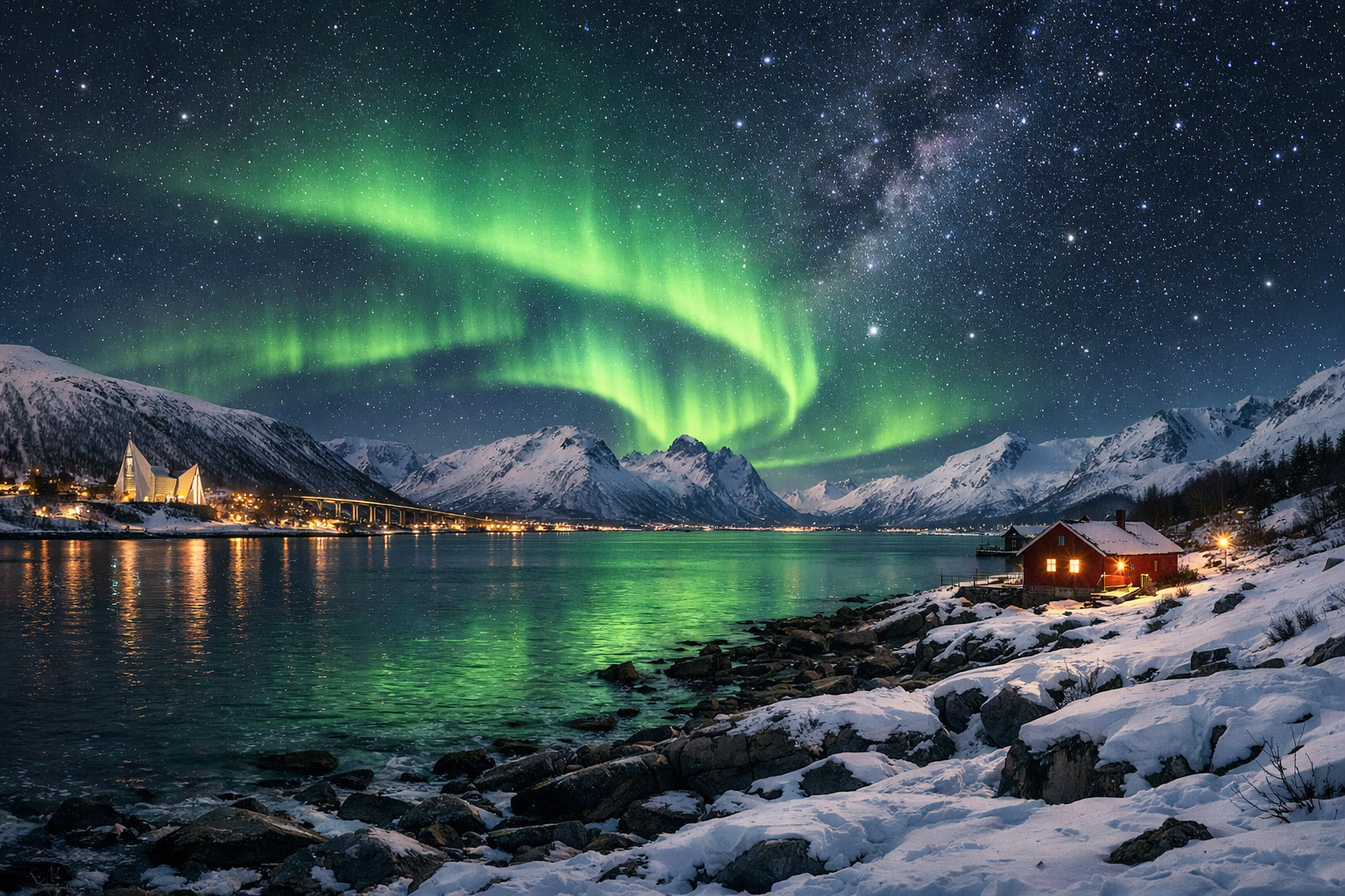 Norwegen, Tromsø und die Insel Kvaløya. Eine Winterreise auf der Suche nach den Nordlichtern mit abendlichen Ausfahrten außerhalb der Stadt, Spaziergängen entlang der arktischen Küste und der Möglichkeit, Sterne über den Fjorden zu beobachten.