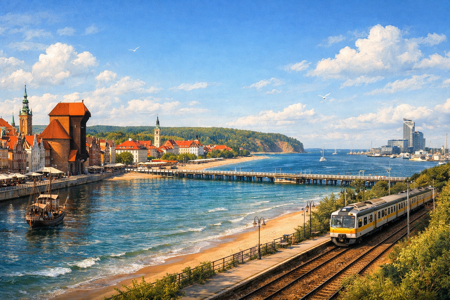 Polen, Danzig, Sopot und Gdynia. Eine preisgünstige Route durch die Städte der Ostseeküste mit Stränden, historischer Architektur und Fahrten mit der S-Bahn. Saison: Mai - September.
