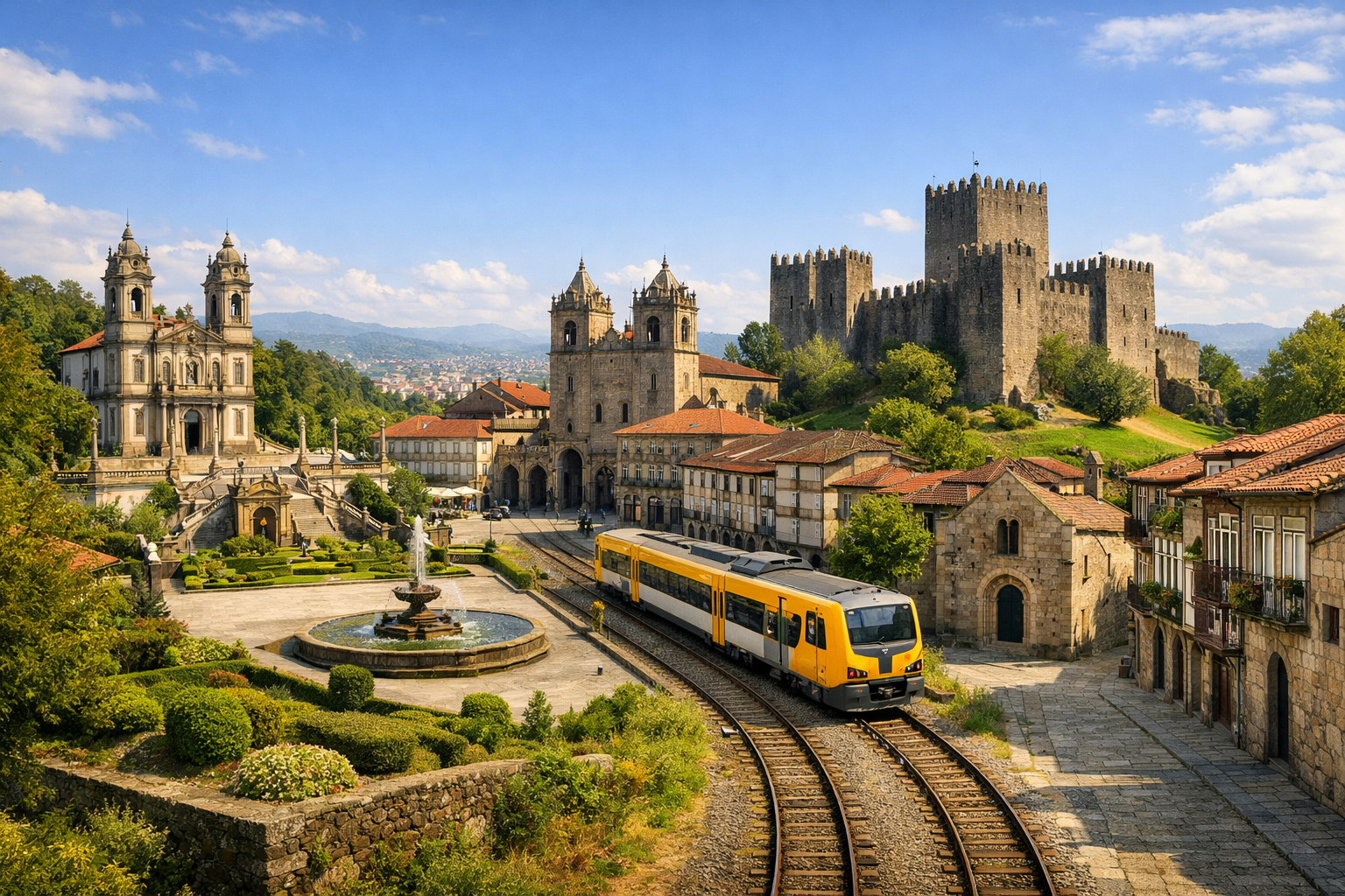 Portugal, Braga und Guimarães. Preisgünstige Reise durch historische Städte mit Kathedralen, Burgen, Plätzen und bequemen Fahrten mit Regionalzügen.