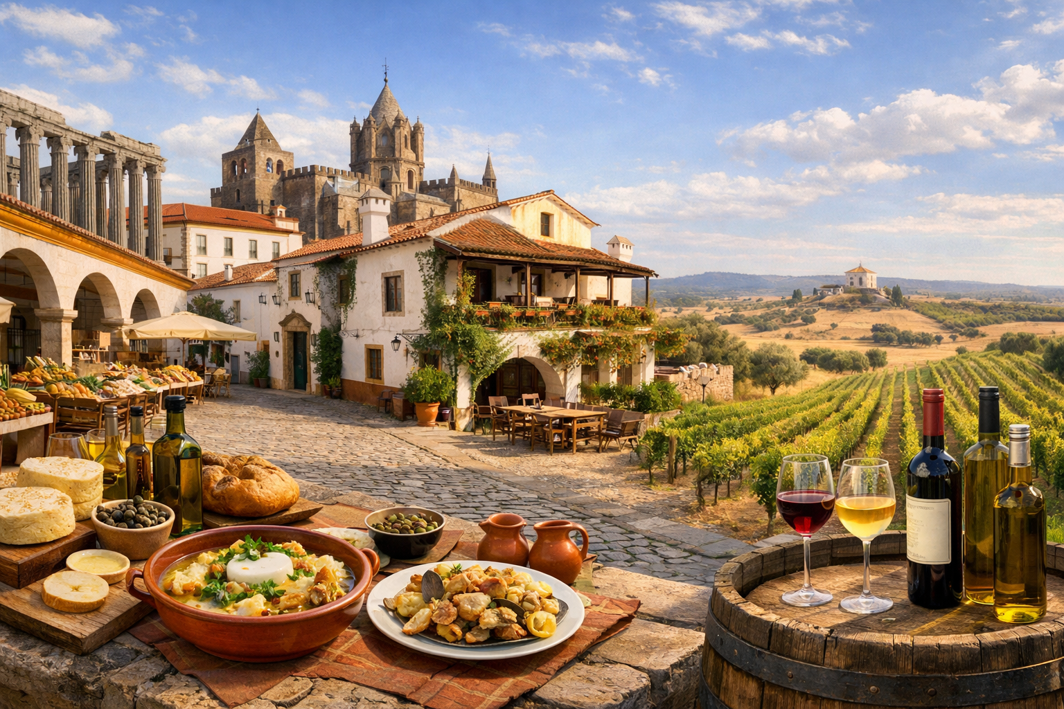 Portugal, Évora und Alentejo. Eine Reise zur Küche des Alentejo mit dem Markt Mercado Municipal de Évora, dem Restaurant Fialho und dem Weingut Cartuxa: Brotsuppe Açorda, Schweinefleisch mit Muscheln, Schafskäse, Olivenöl und regionale Weine.