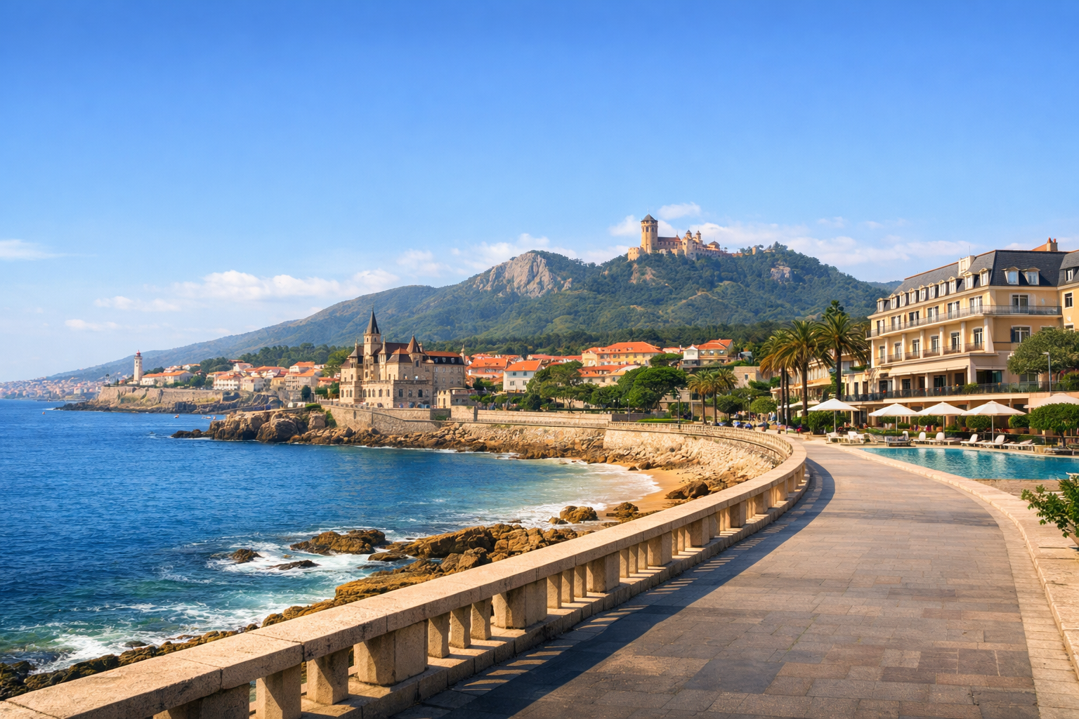 Portugal, Cascais und Estoril. Ruhiger Urlaub am Atlantischen Ozean mit Spaziergängen entlang flacher Promenaden, dem Besuch der Paläste von Sintra auf einer organisierten Exkursion und Unterkunft in einem Küstenhotel.
