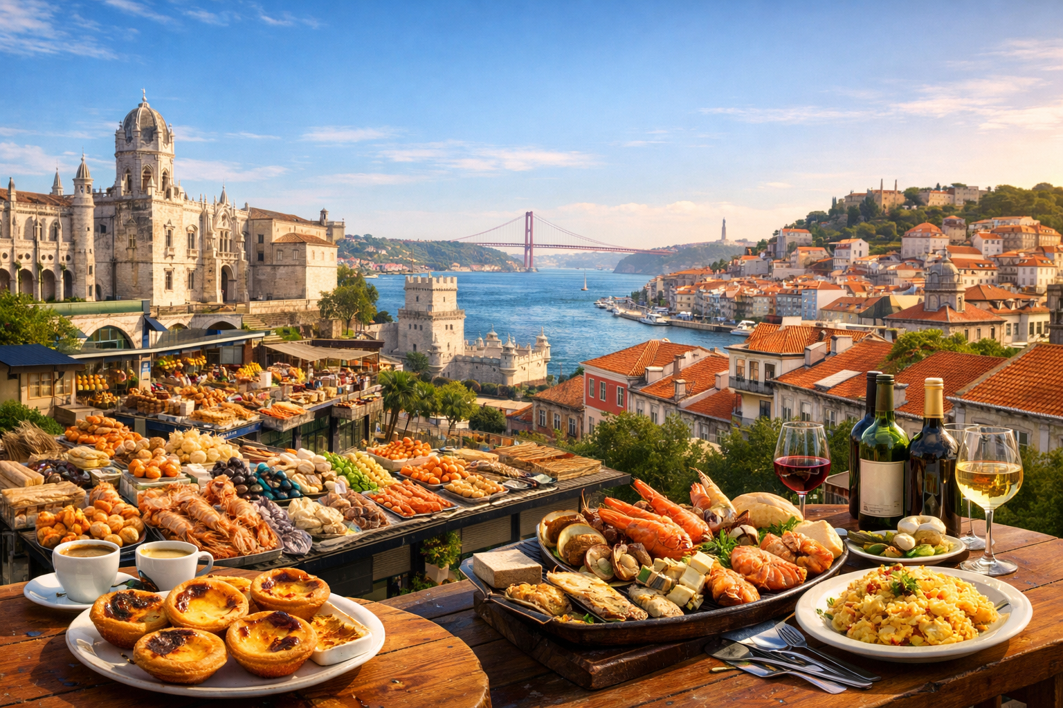 Portugal, Lissabon. Kulinarischer Spaziergang durch den Stadtteil Belém mit Besuch der Konditorei Pastéis de Belém, des Marktes Mercado da Ribeira und des traditionellen Restaurants Solar dos Presuntos: Pastel de Nata, Bacalhau, Meeresfrüchte und portugiesische Weine.