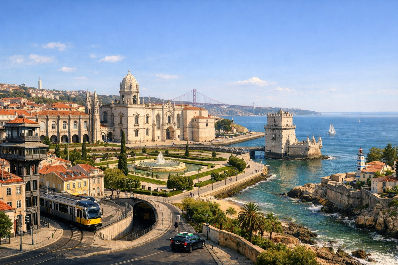 Portugal, Lissabon. Eine komfortable Erkundung der Viertel Baixa und Belém, des Hieronymus-Klosters, der Tejo-Uferpromenade und eine Fahrt nach Cascais unter Nutzung von U-Bahn, Straßenbahnen und Taxis anstelle langer Anstiege.