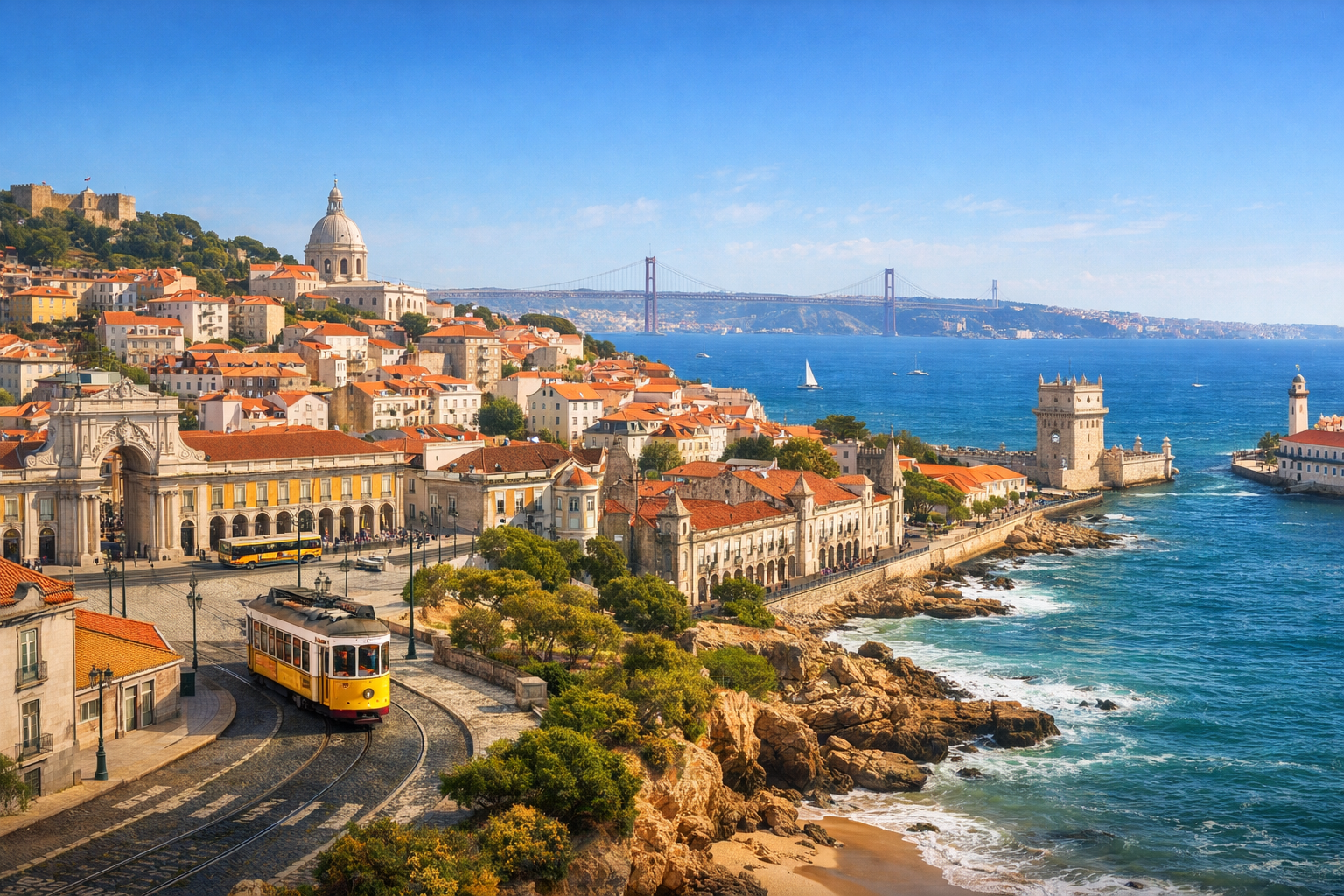 Portugal, Lissabon. Selbstständige Erkundung der Viertel Baixa, Alfama, Belém und der Küste von Cascais mit Spaziergängen, Museumsbesuchen und Fahrten mit öffentlichen Verkehrsmitteln.