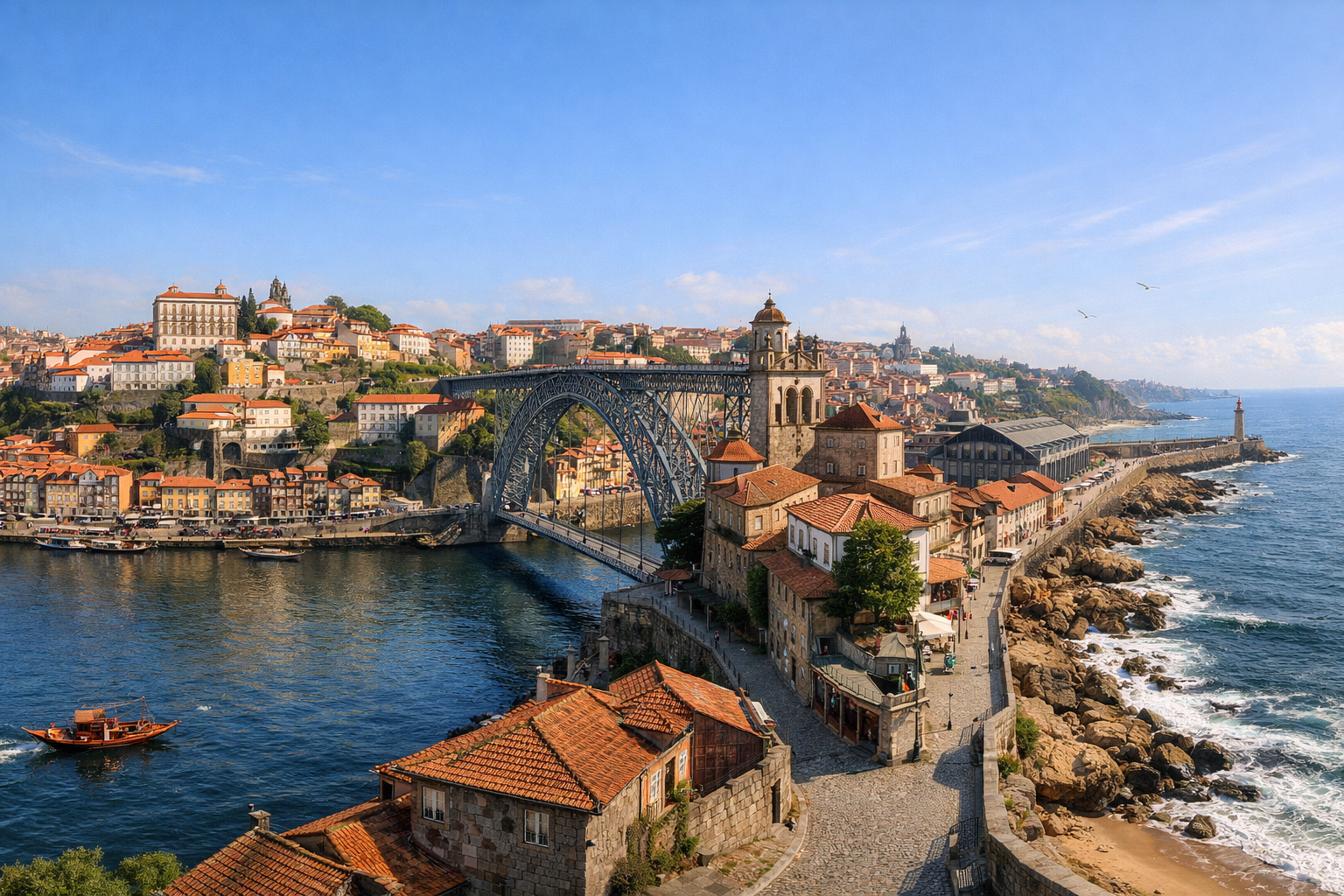 Portugal, Porto. Günstiger Städtetrip mit Spaziergängen entlang der Uferpromenaden des Douro, durch historische Viertel, über Brücken, zu Märkten und an die Ozeanküste.