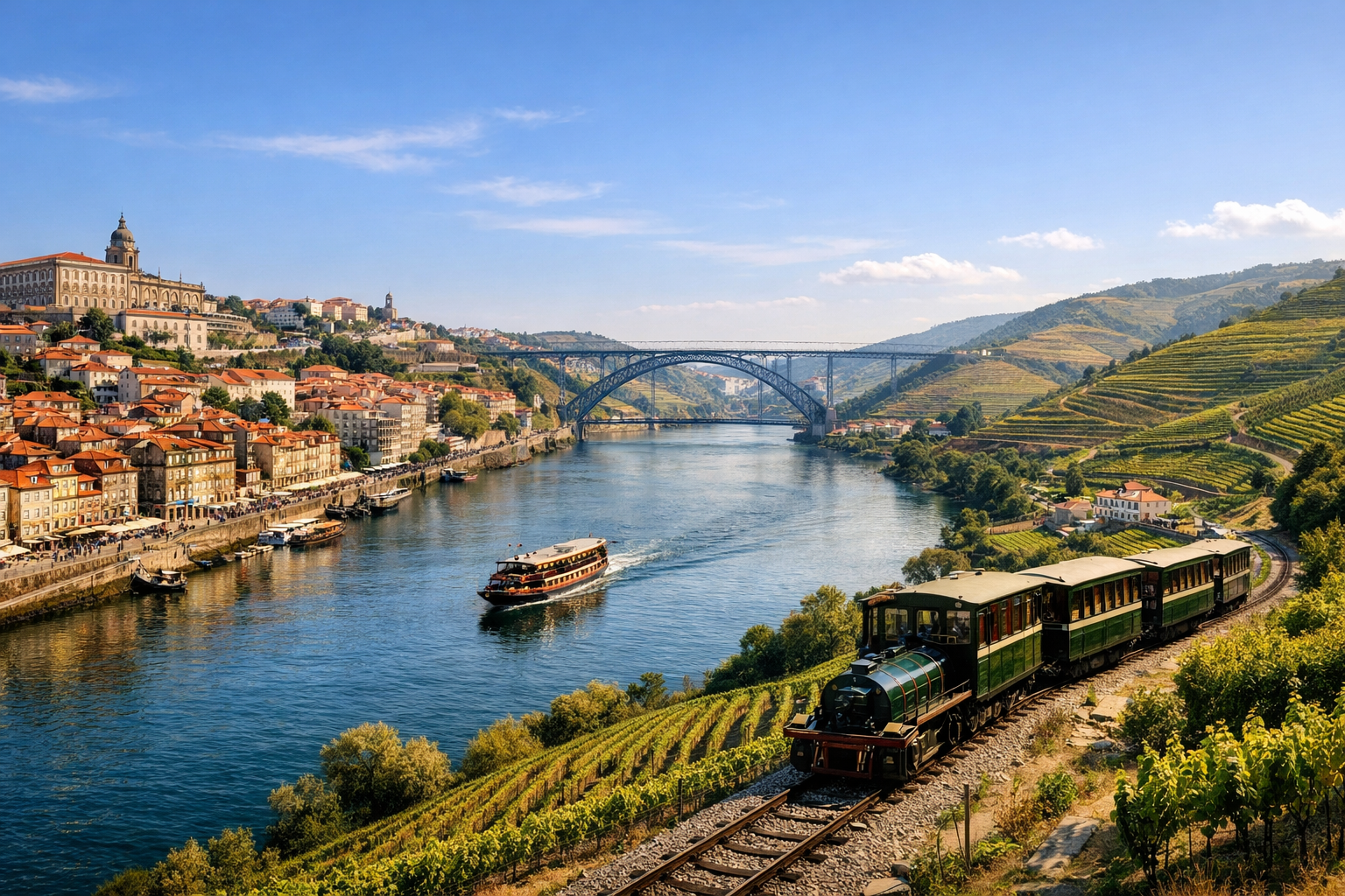 Portugal, Porto und das Douro-Tal. Spaziergänge entlang der Uferpromenade Ribeira, Besuch des Palácio da Bolsa, eine Douro-Kreuzfahrt und ein eintägiger Ausflug ins Weintal mit dem Touristenzug oder einem Auto mit Fahrer.
