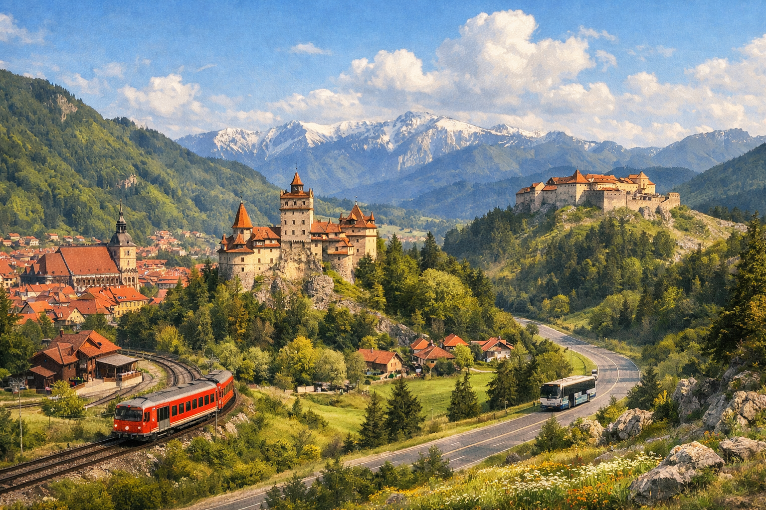 Roumanie, Brașov et les châteaux de Transylvanie. Voyage économique à travers Brașov, le château de Bran, la forteresse de Râșnov et les environs montagneux avec des trajets en train et en bus. Saison: mai — octobre.