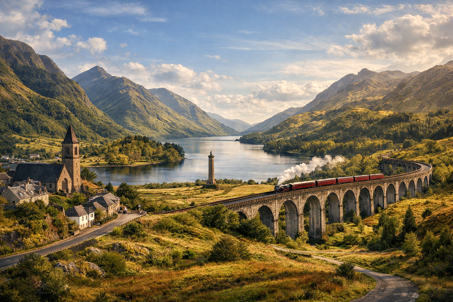 Scotland, Glenfinnan and Fort William. A journey to the Glenfinnan Viaduct and through mountain landscapes known from the Hogwarts Express trips in the Harry Potter films.
