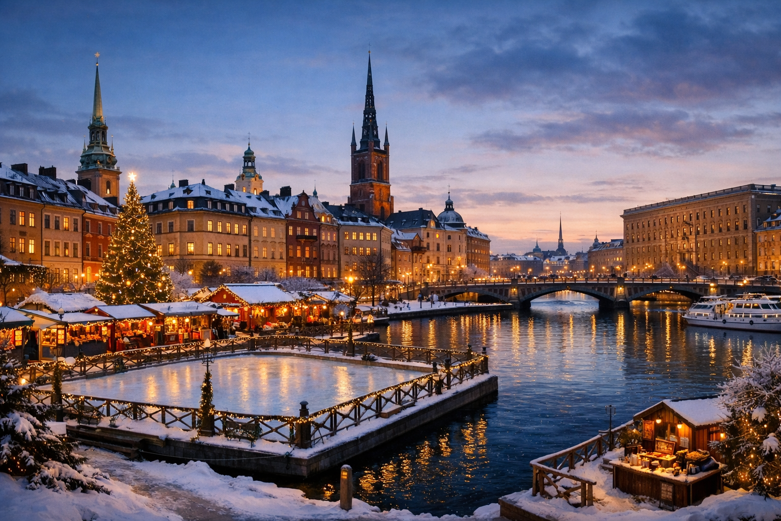 Sweden, Stockholm. A Christmas journey through the Old Town of Gamla Stan with festive markets, museums, ice skating rinks, and traditional Swedish treats.