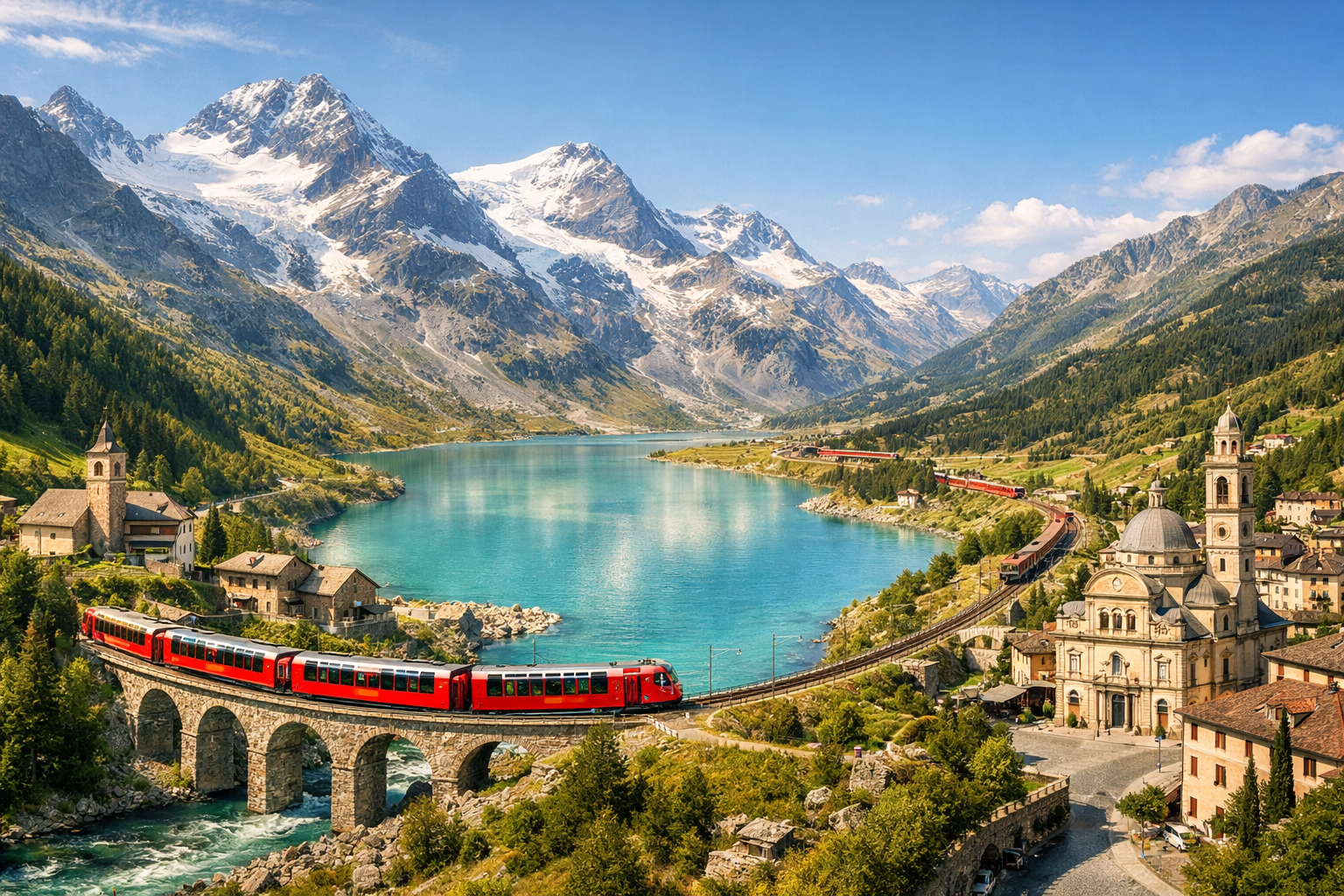 Schweiz — Italien. Reise mit dem Bernina Express von Chur über St. Moritz, den Berninapass und den Lago Bianco ins italienische Tirano.