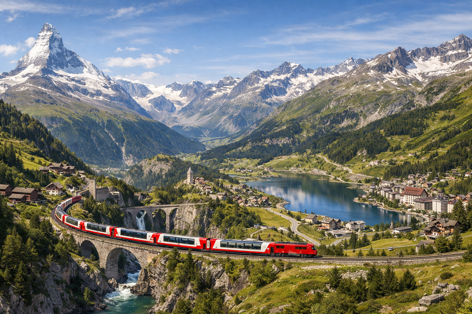 Schweiz. Panoramareise mit dem Glacier Express von Zermatt über Brig, Andermatt und den Oberalppass nach St. Moritz mit Blick auf die Alpen, Schluchten und Bergdörfer.