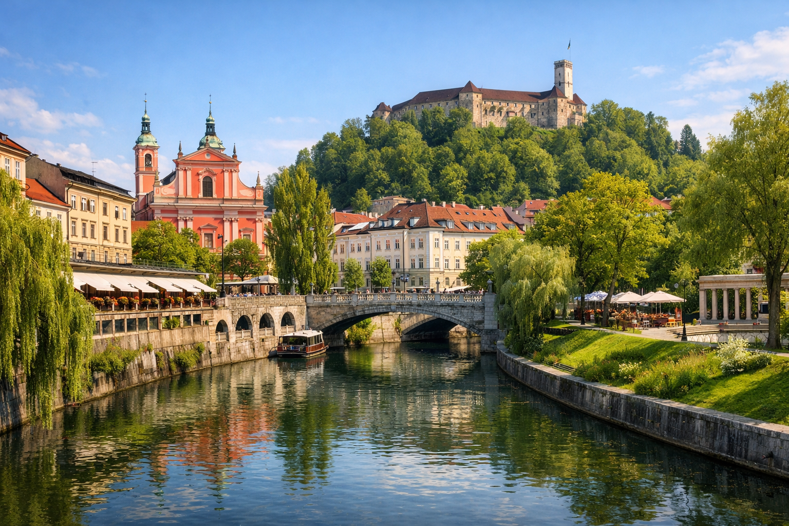 Slovenia, Ljubljana. A budget-friendly city break with walks along the river, visits to the castle, markets, parks, and free cultural spaces. Season: April - October.