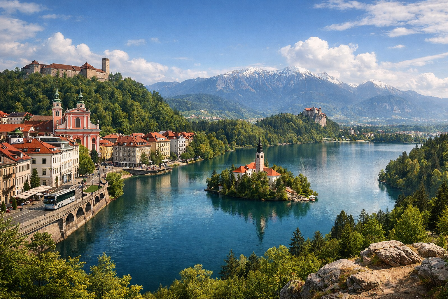 Eslovenia, Liubliana y el lago Bled. Un viaje económico por la capital y el lago alpino con traslados en autobús, un paseo alrededor de Bled y una caminata hasta los miradores. Temporada: mayo - octubre.