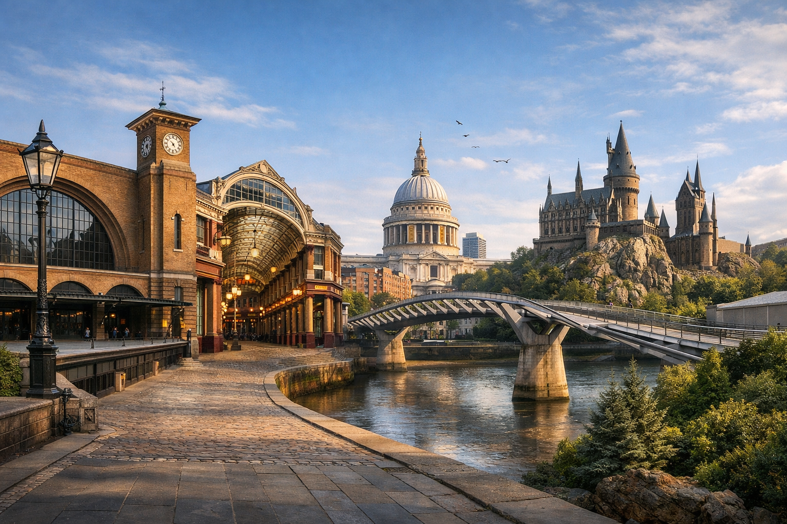 Großbritannien, London. Reise zu den Drehorten der Harry-Potter-Filme: Bahnhof King's Cross, Leadenhall Market, Millennium Bridge, St Paul's Cathedral und die Warner Bros. Studio Tour.